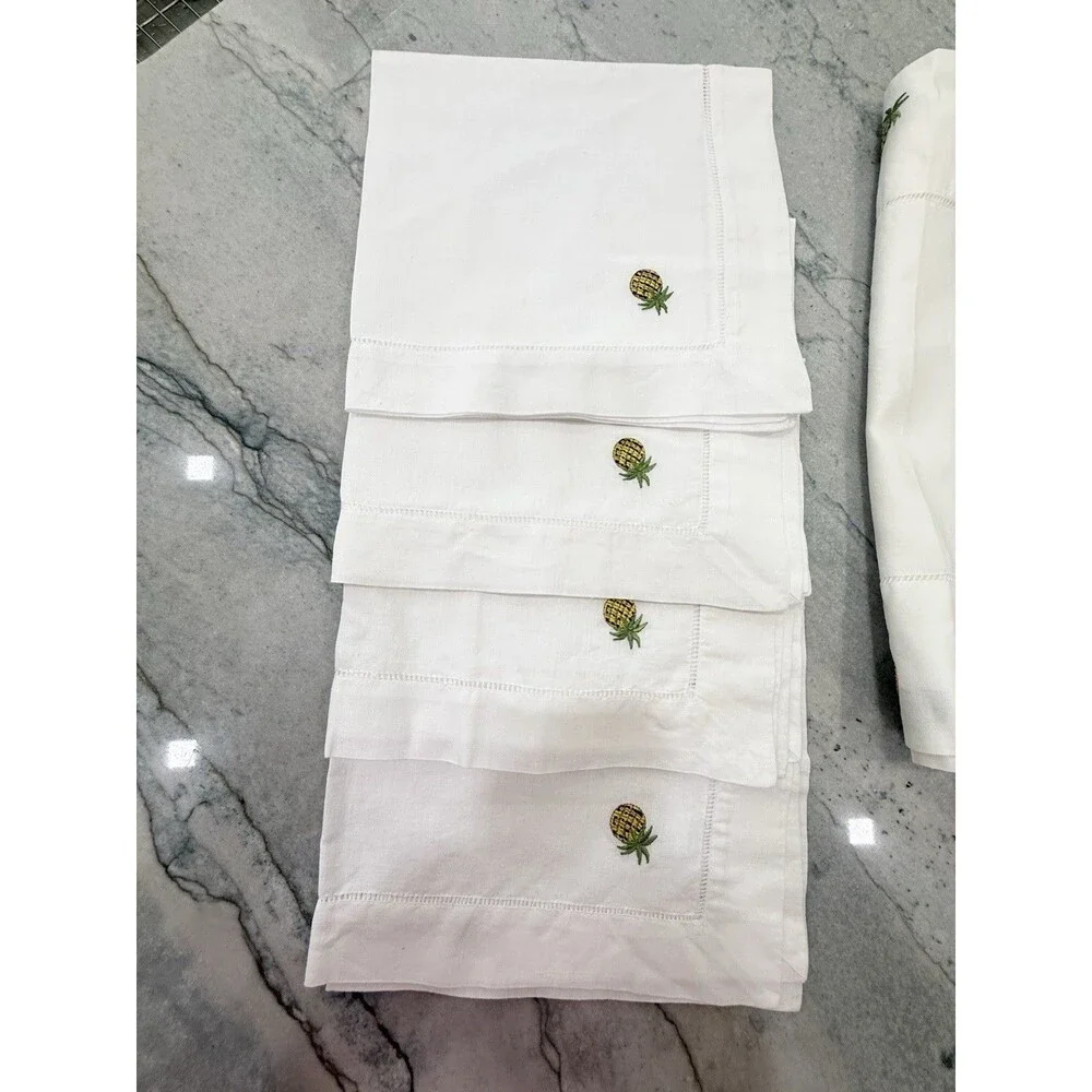 Set of 4 Linen Pineapple Placemats & 4 Matching Dinner Napkins Embroidered